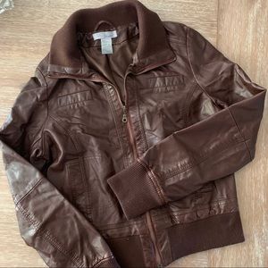 Brown Vegan Leather Bomber Jacket